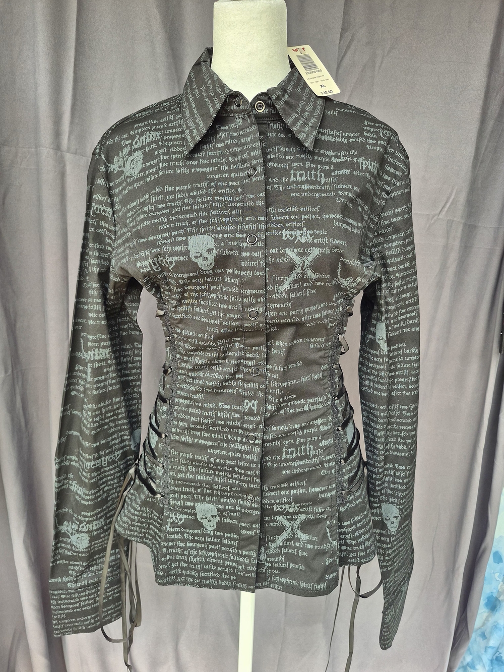 Vintage Lip Service "Morbid Curiosity" skull button-down, Lace Up corset top. - Picture 2 of 15